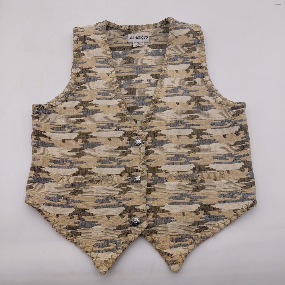At Last & Co Womens M Tapestry Vest Beige Brown Southwestern Whipstitch read
